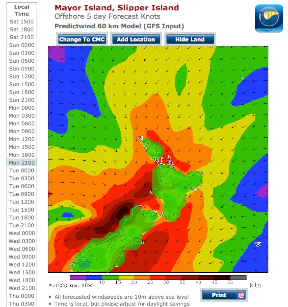 Strong onshore winds are predicted for the salvage area on Monday at 2100hrs © PredictWind.com www.predictwind.com